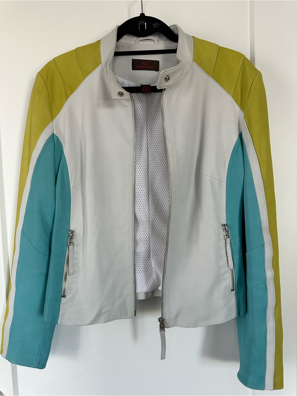 Danier Y2K Colorblock Leather Jacket - White, Teal & Lime - Picture 3 of 10